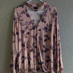 Torrid Pink Floral Choker Faux Wrap Blouse